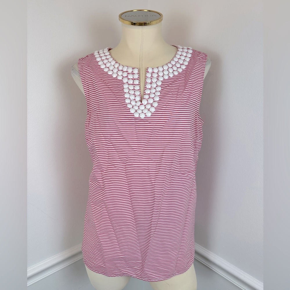 TALBOTS Red/Pink & White Striped Seersucker Sleeveless Top Beaded Neck | Size 10
